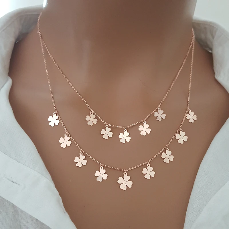 Clover Necklace Good Luck Choker Double Layer Necklace Minimalist Necklace Lucky Charm