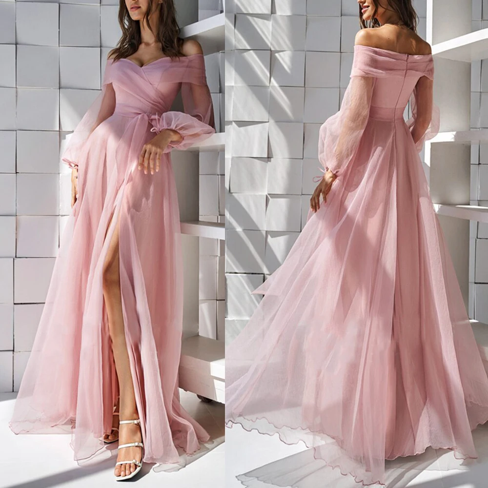 

Off The Shoulder High Split Tulle Formal Evening Gowns Custom Made Criss Cross Ruched Long Puff Sleeve Prom Party Cocktail Dress