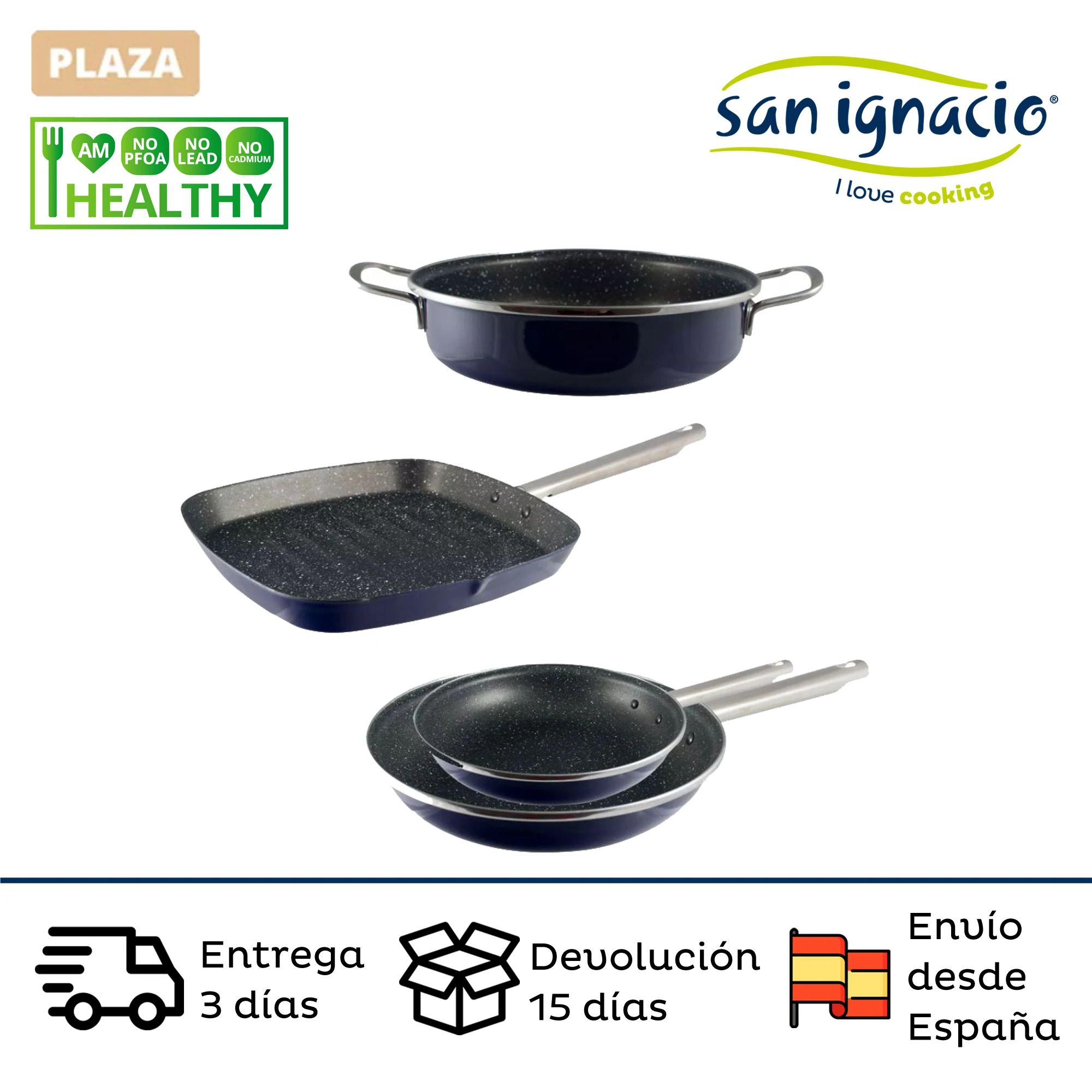 Set of SAN IGNACIO Habitex vitrified steel pans (20,28 cm) grill and Tarter with marble coating