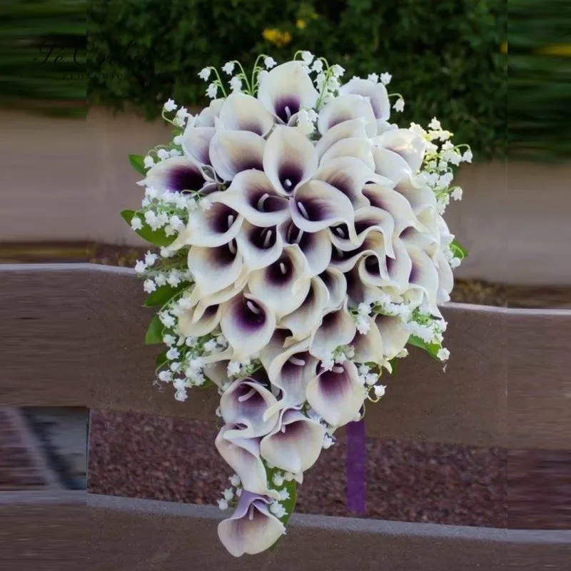 

PEORCHID Purple White Waterfall Wedding Bouquet Bride Holding Flowers Calla Lillies Lily Of The Valley Cascade Bridal Bouquet