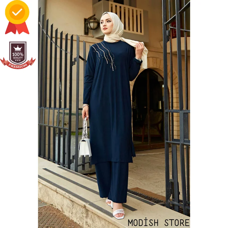 Pantaloni a tunica senza fodera ricamati in pietra Set donna musulmana Abaya Dubai 2021 abito musulmano donna caftano abbigliamento modesto