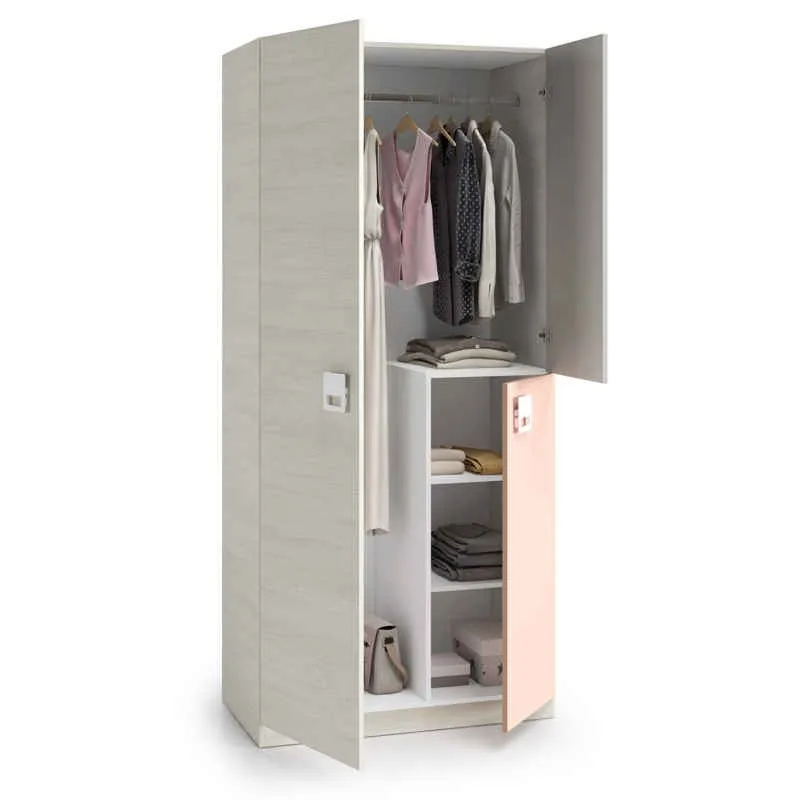 Children's youth wardrobe 3 doors Interior bar 3 shelves white, gray and pink Color. Measures: 90x200x52cm