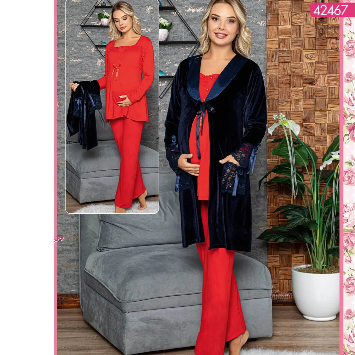 Women Pregnancy Cotton Nightgown Velvet Dressing Gown Pajamas Set 3 Piece Long Sleeve Lace Side Pockets Comfortable Wearable at