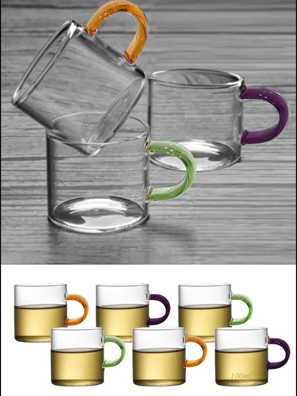 Colored Handled Borosilicate Wholesale Mini Glass Coffee Cup Set, 6 Pieces 6 Different Colors 100 cc 6 cm Mug