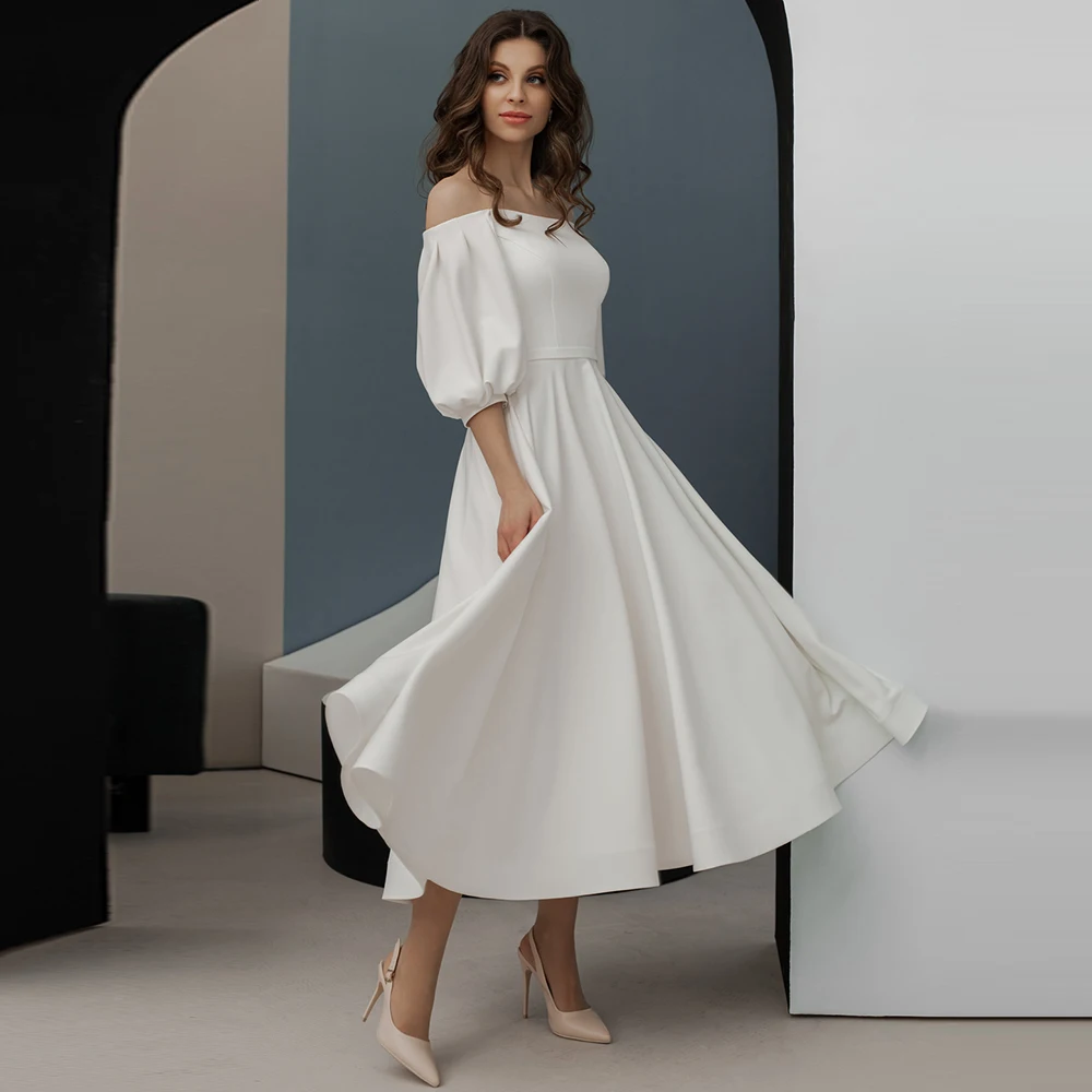 Off The Shoulder Boat Neck Wedding Dresses 2024 Simple For Women Half Sleeve Ankle Length Bridal Gowns Cute Robe De Mariée Stain