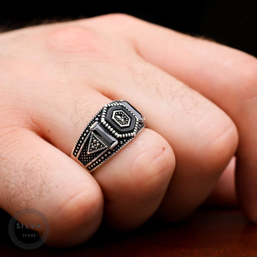 Original 925 Silver Men's Ring. Man Jewellery With Special Cut Bakelite, Zircon And Margazit Stones