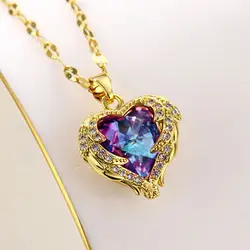 Fashion Simple Creative Ocean Heart Necklace Exquisite Heart Angel Wings Colorful Crystal Pendant High Quality Gifts for Girls