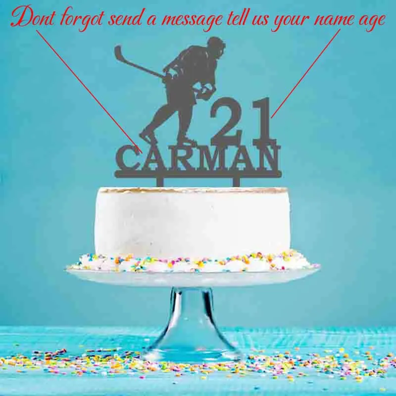 Personalized Ice Hockey Cake Topper Custom Name Age Man Playing Ice Hockey For Birthday Party Cake Decoration Topper