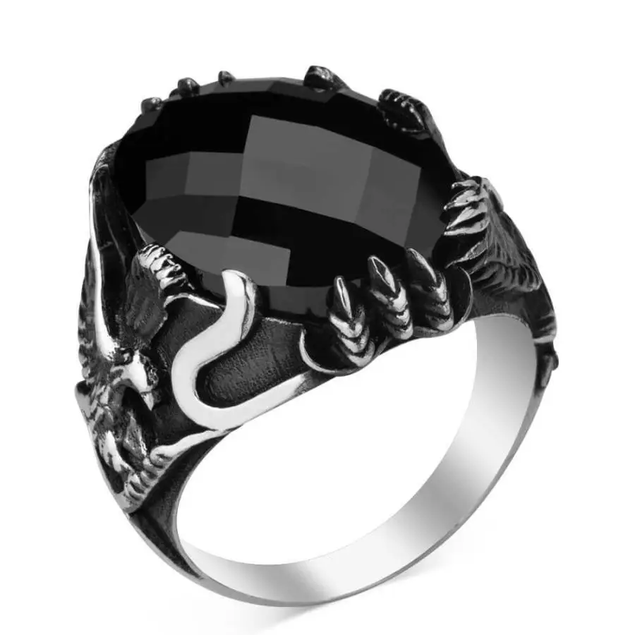 Genuine 925 Sterling Silver Turkish Ring for Men Natural Eagle Black Onyx Stone Mens Cool Male Eagle Rings Fashion Jewelry Gift