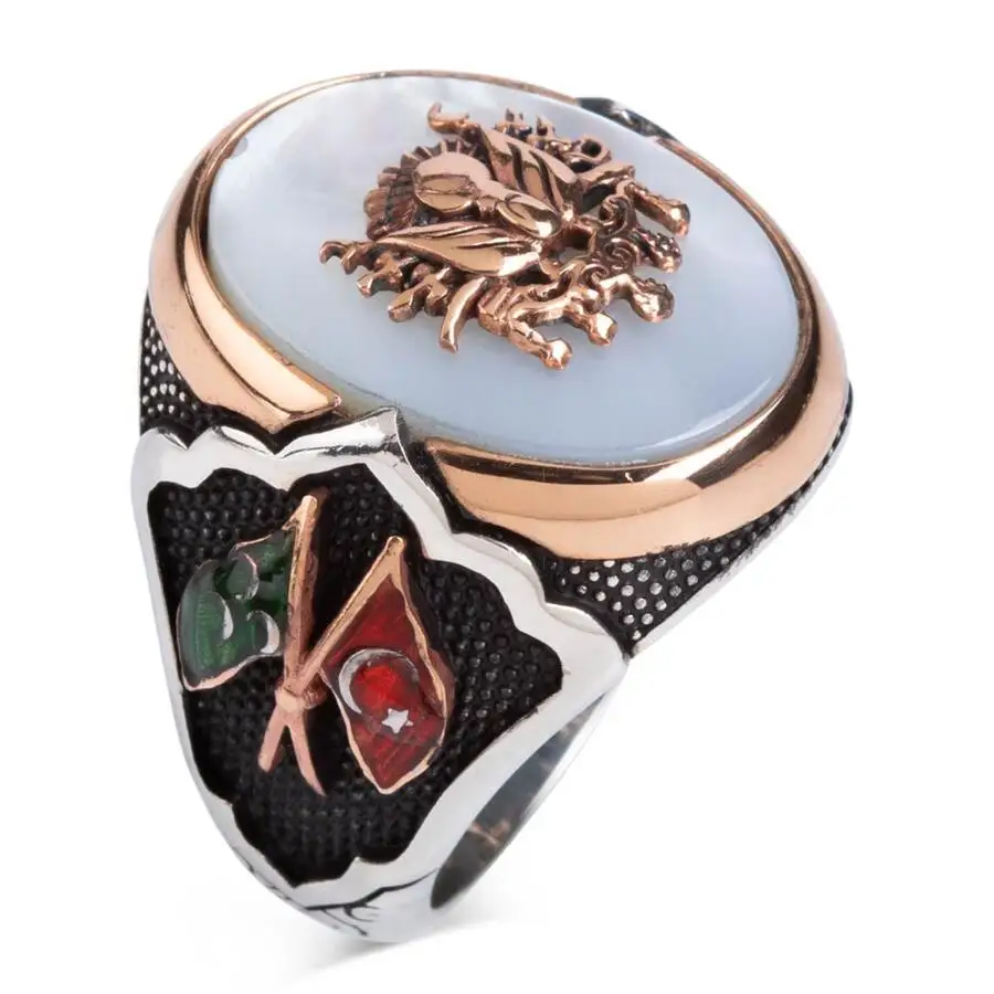 Mother of Pearl Stone Silver Ottoman Ring with Flags Fashion Turkish Premium Quality Handmade Jawelery