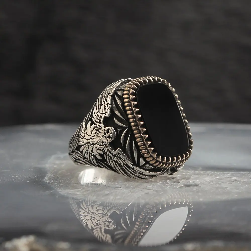 Eagle With the Onyx Gemstone 925 Sterling Silver Ring