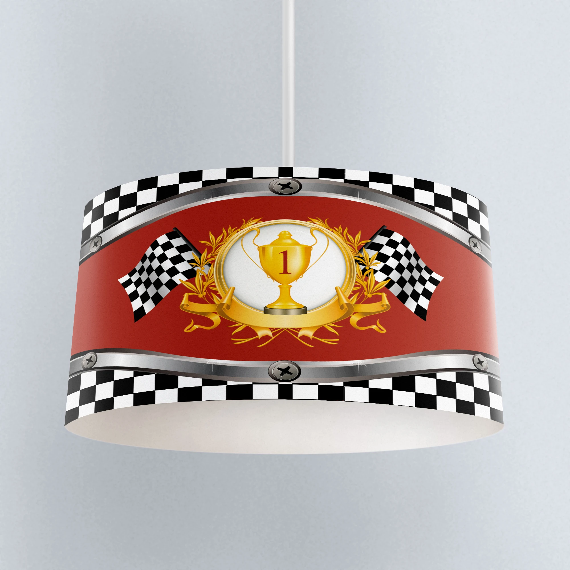 

Else Golden Race Cup White Black Race Flag Print Fabric Kids Chandelier Lamp Drum Lampshade Floor Ceiling Pendant Light Shade