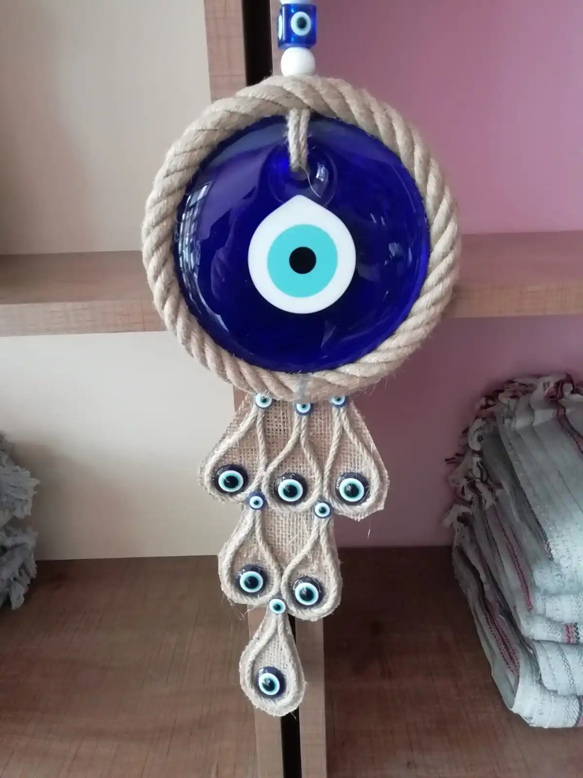 

Glass Blue Evil Eye Handmade Hanger With Linen Yarns