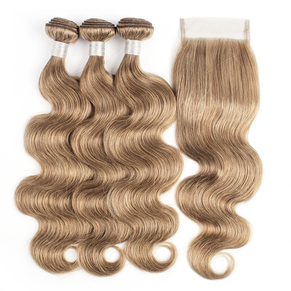 Gemlong 3 Bundles With 4*4 Lace Closure Body Wave #8 #27 #30 Remy Brazilian Human Hair Extension 300g/lot For Full Head