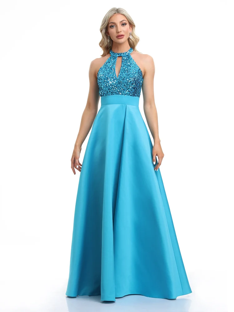 فساتين سهرة أنيقة برقبة دائرية بالترتر الأزرق طويلة فاخرة للنساء من التل بدون أكمام لحفلات الزفاف وحفلات الكوكتيل #1