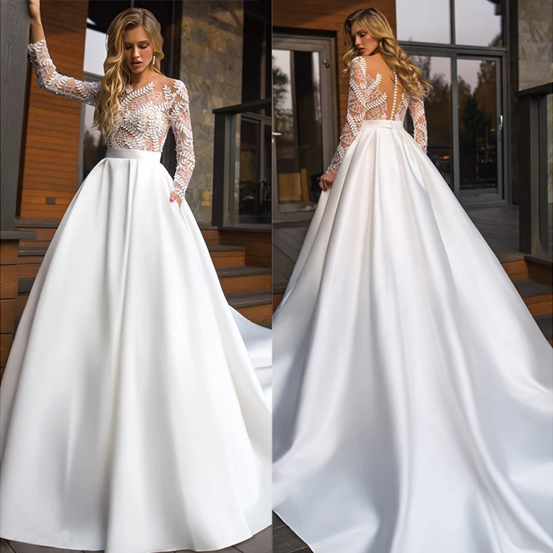 Laksgmigown A line Wedding Dress with Long Sleeve Elegant Lace Wedding Gown for Bride vestido de novia 2021 Satin Bridal Dress