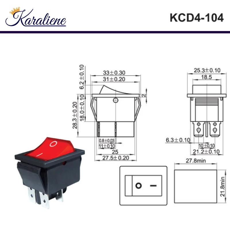 

2 шт. KCD4-104 кулисный переключатель ВКЛ-ВЫКЛ 4 контакта 25*31 мм 16 А 250 В переменного тока 20 А 125 В переменного тока