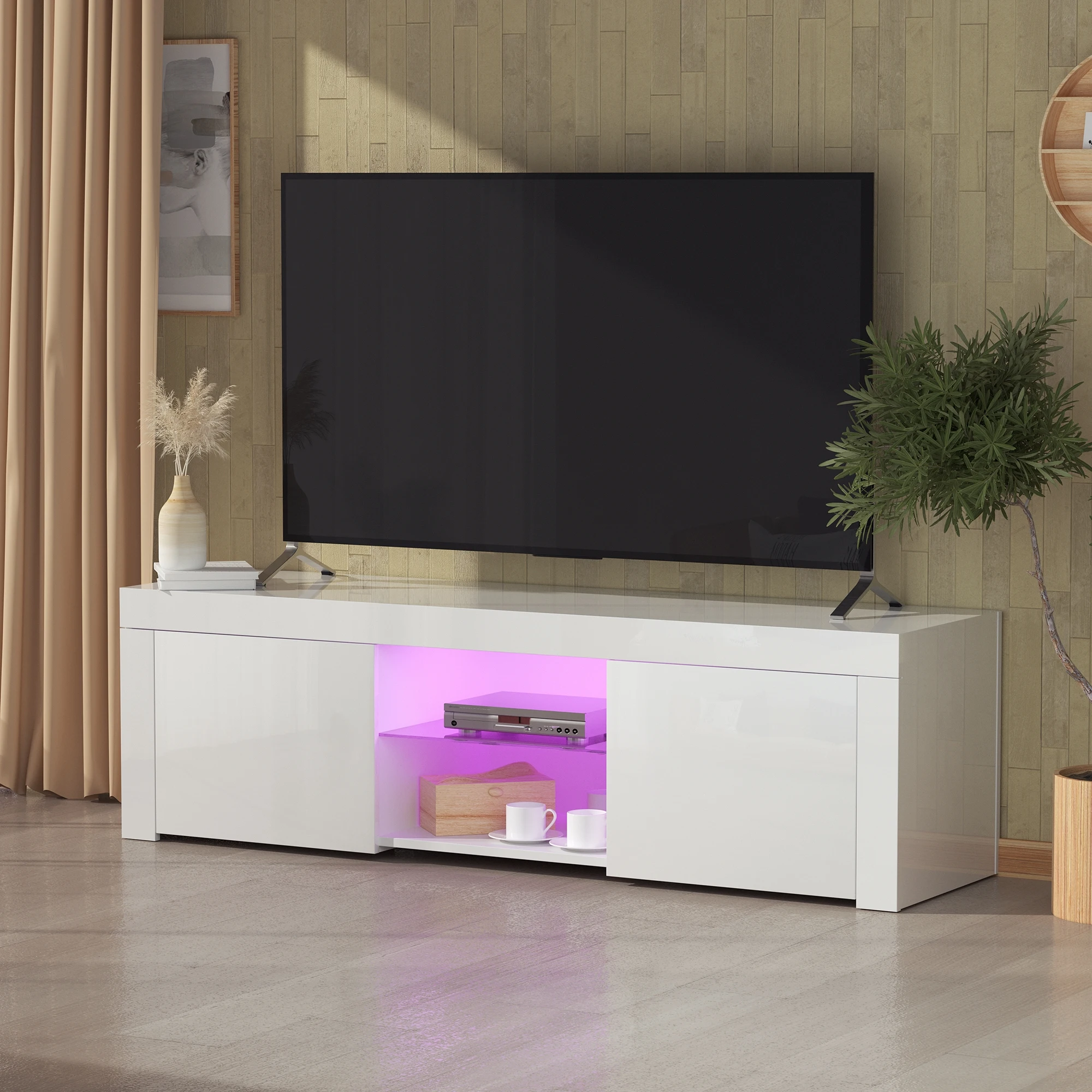 Morden TV Stand with LED Lights High Glossy Front TV Cabinet Can be Assembled in Lounge Room Living Room Bedroom White/Black