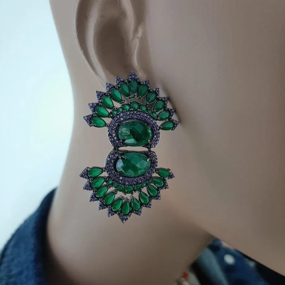 925 Sterling Silver Earrings Green Stone Statement Long Big Boho Cute Dangle Stud Earrings серьги с камнями 925