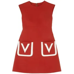 Women's Elegant Red Solid Dress, O-Neck, Sleeveless Pockets, Designer Dresses, 4282