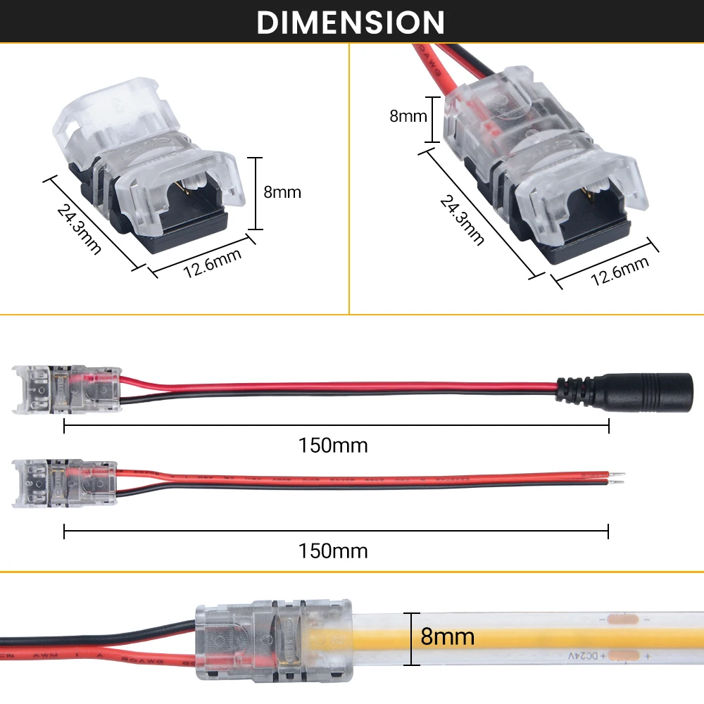 5pcs 2pin IP20 IP65 SMD COB LED Strip Connector 8mm Quick Connect Wire Connection Terminal Splice Single Color for 12V 24V