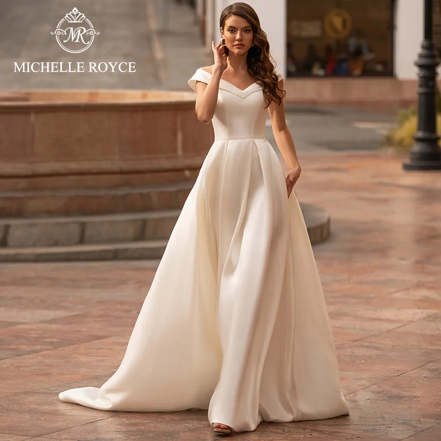 Michelle Royce A-Ling Wedding Dresses Elegant V-Neckline Short Sleeve Elegant Button Chapel Train Bridal Gowns Vestido De Noiva