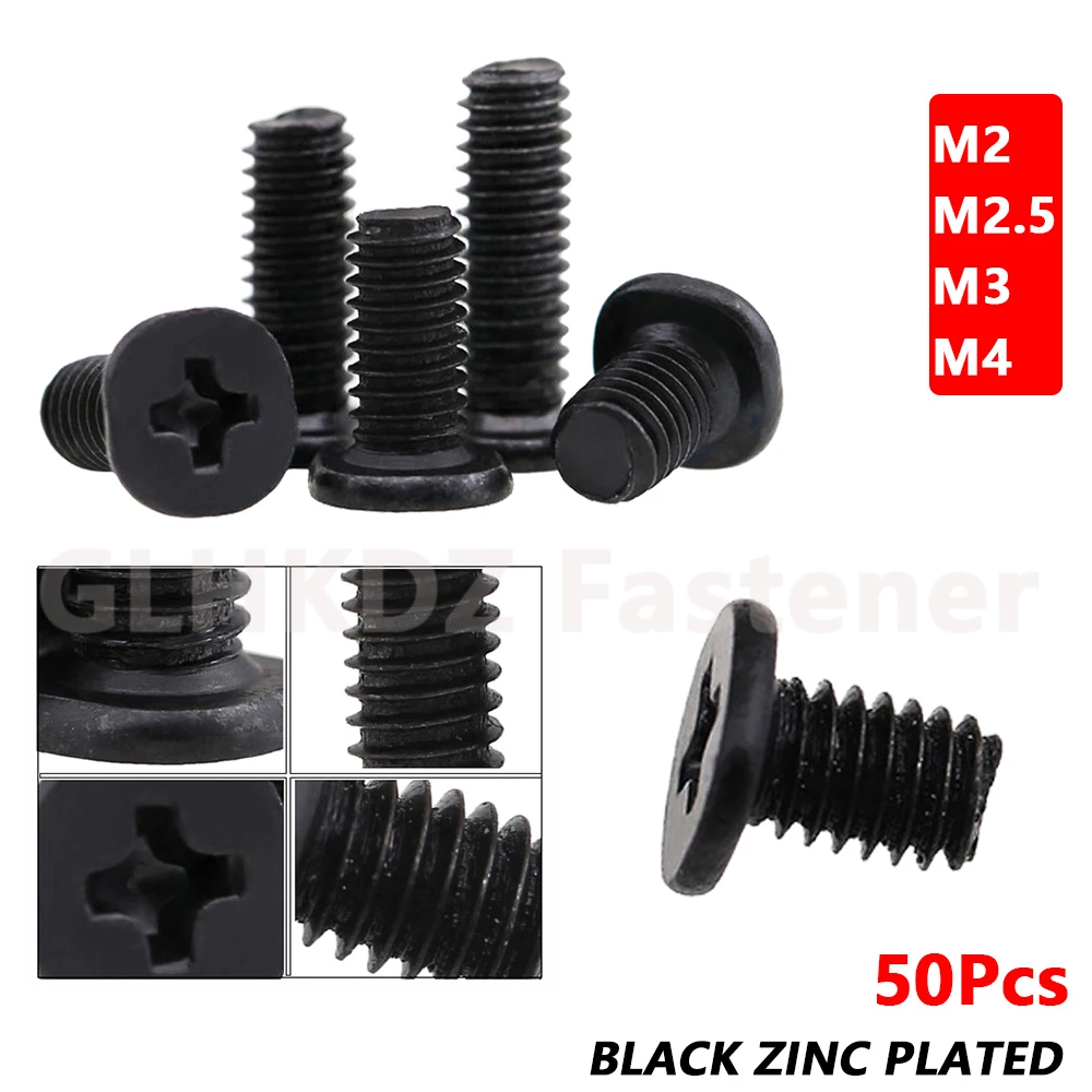 50pcs M2 M2.5 M3 M4 CM Ultra Thin Flat Head Machine Screw Phillips Cross Recessed Bolt Black Zinc Plated Steel Laptop Electrical