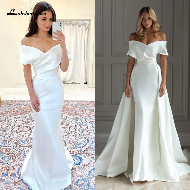 

2 In 1 Detachable Train Sweetheart Off the Shoulder Pleat Mermaid Wedding Dress Satin Brida Gown Customized robes de soirée