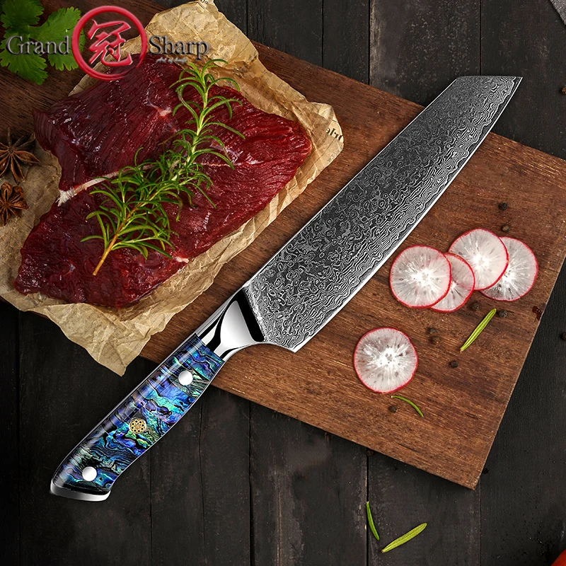 Grandsharp 2023 New Model Japanese Kiritsuke Knife Chef Knives Damascus Steel Abalone Shell Handle Best Kitchen Knives Cleaver