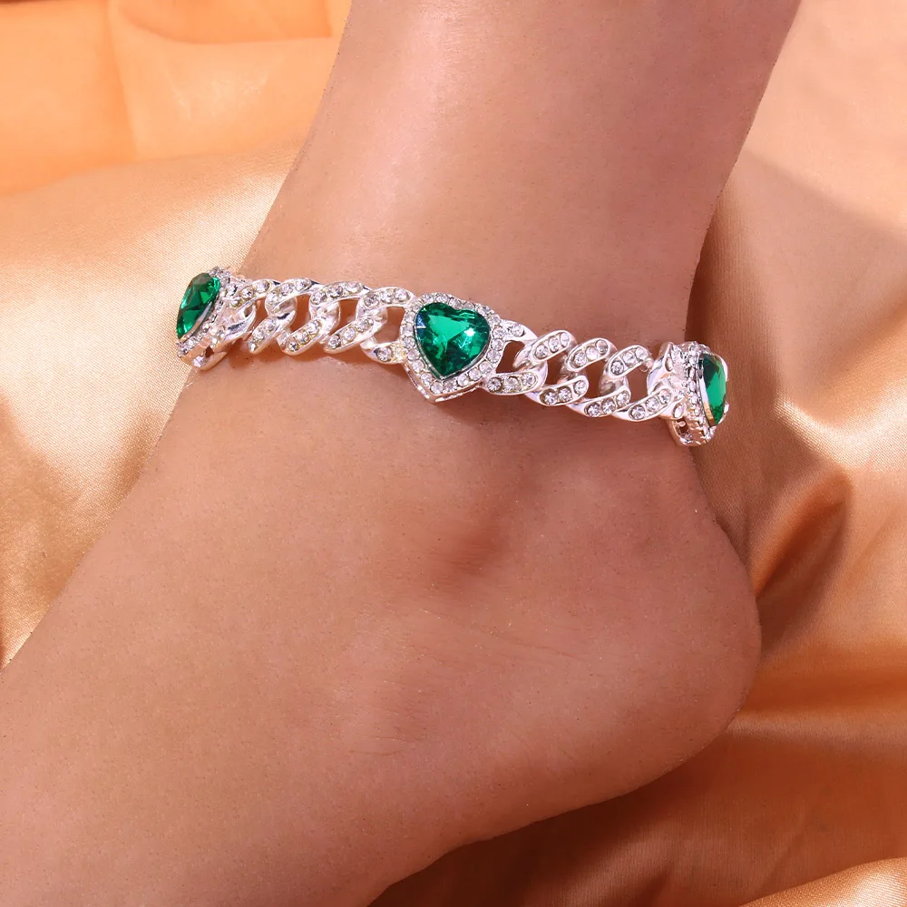 Rhinestone Ankle Green Love Anklets Wholesale for Women Men Bracelet Hip Hop Heart Cuban Link Super Thick Bling Anklet Jewelry