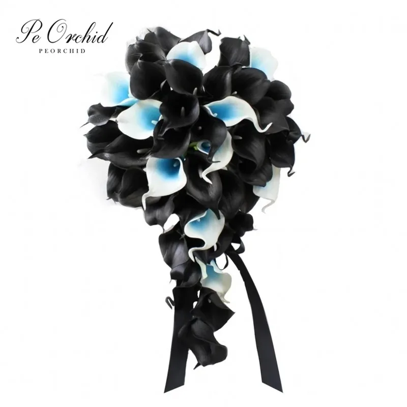 

PEORCHID Real Touch Calla Lily Cascade Bouquet Flowers Wedding bridal Bouquets Black Blue White Color Ramo De Novia 2022