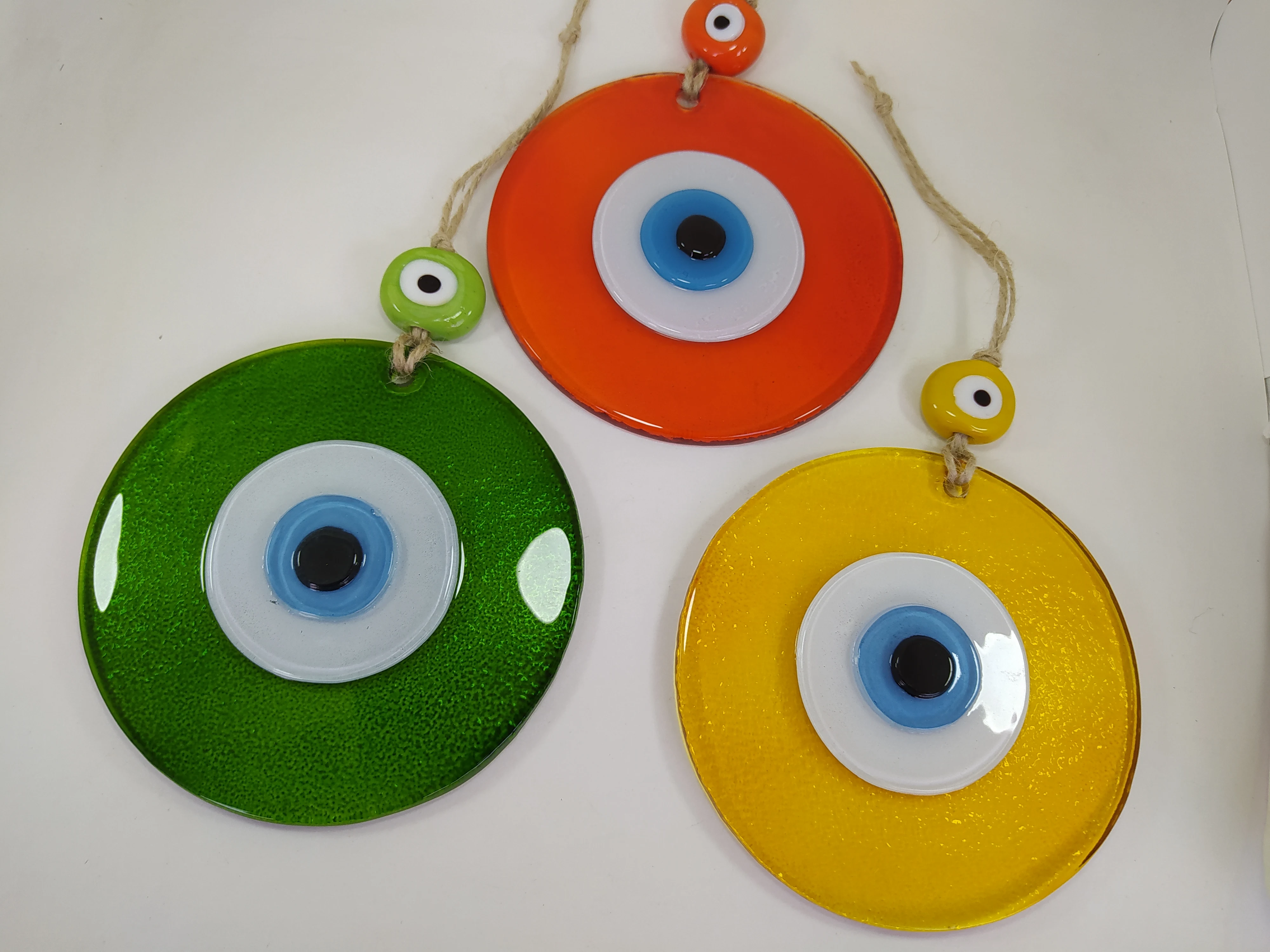 Colorful Evil Eyes 12cm Fused Glass Beads Set of 3 Pendant Charm Turkish Handmade Big Amulet Wall Hanging Boho Home Decor