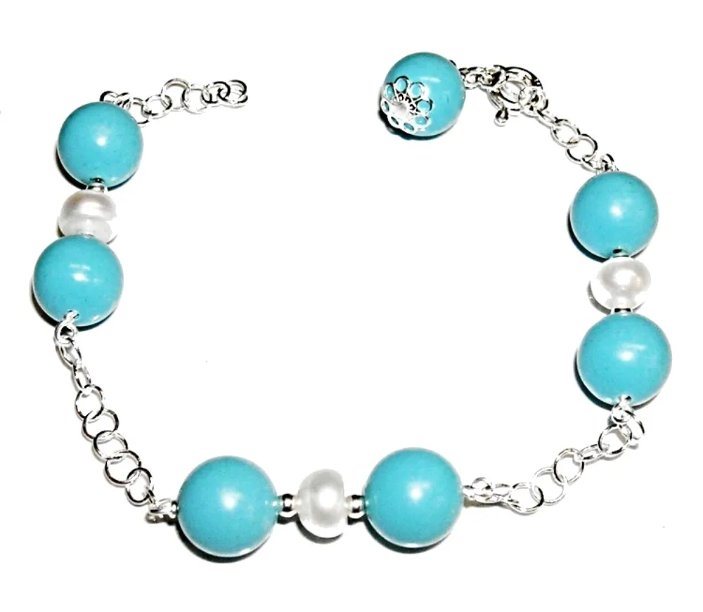 925 sterling silver bracelet with cultured pearls 6-7mm and Italian turquoise 10 mm length 17 to 19 cm by lengthen, and case