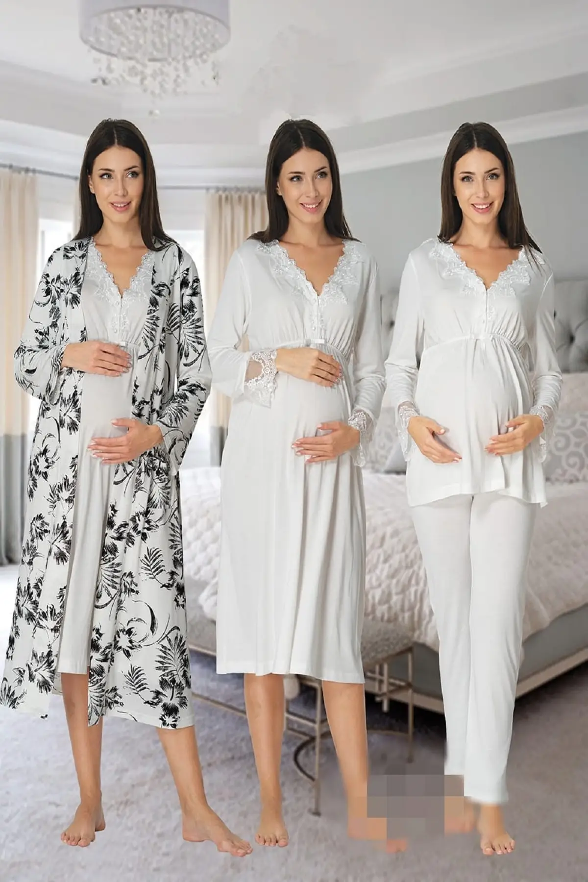 Women's White Long-Sleeve Pajamas Set Nightgown Dressing Gown Puerperal Maternity 4'lü Set