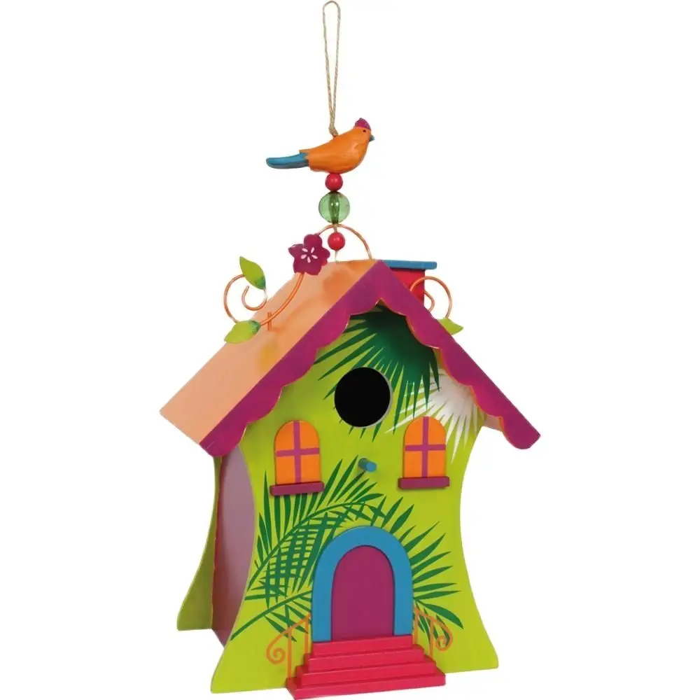 Wooden painted bird house, for garden, balcony. Hanging bird's nest. Decoration Gardens, exterior