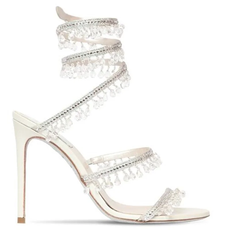 Moraima Snc-Sandálias de couro branco salto alto, salto fino padrão cobra, borlas de cristal, sapatos de vestido strass sexy, verão