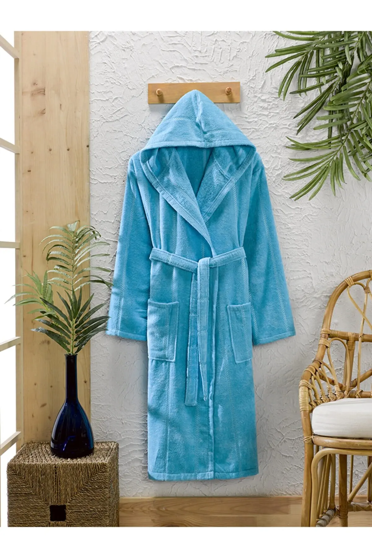 

Luxury Cotton Blue Bathrobe For Men For Women With Hooded And Belt Towel Velvet Nightrobe Sleepwear Bath Robe Made In Turkey