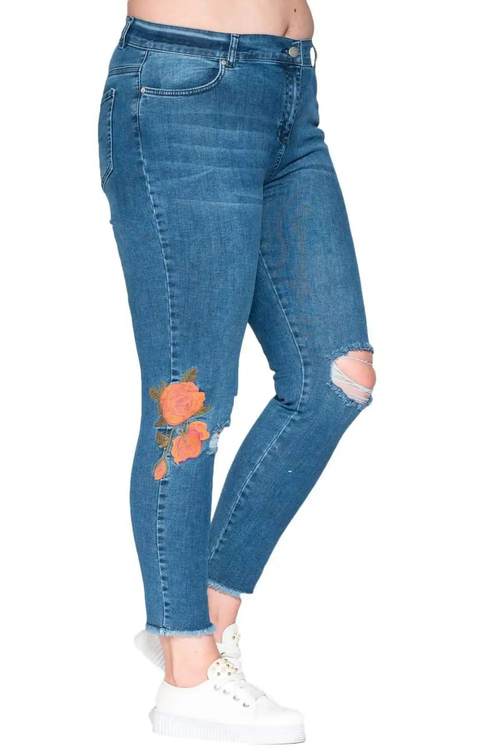 Hanezza Plus Size Women Fashion 2021 Winter Clothing Floral Embroidered High Rise Ankle-Length Elegant Denim Trousers + 2XL - 7XL + Large Size Highly Seasonal Chic Jeans 44 - 54 EU Streetwear Female Plus Body Dark Blue