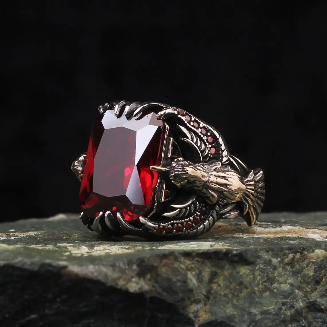 925 Sterling Silver Garnet Stone Men Silver Ring, Eagle Men's Ring, Handmade Engraved Men's Silver Ring, American Eagle Silver R