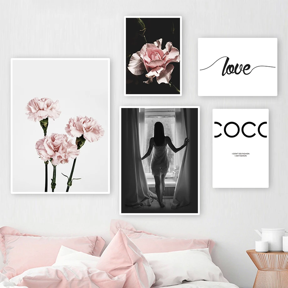 

Nordic Posters And Prints Carnation Girl Back View Love Quotes Art Canvas Painting Black White Wall Pictures Living Room Decor