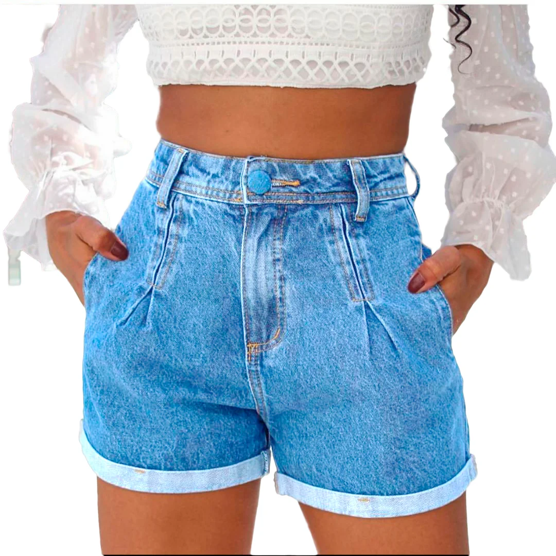 Kit 2 Short Jeans Feminino, Short Jeans Cintura Alta Com Bolso real wholesale resale manufactures