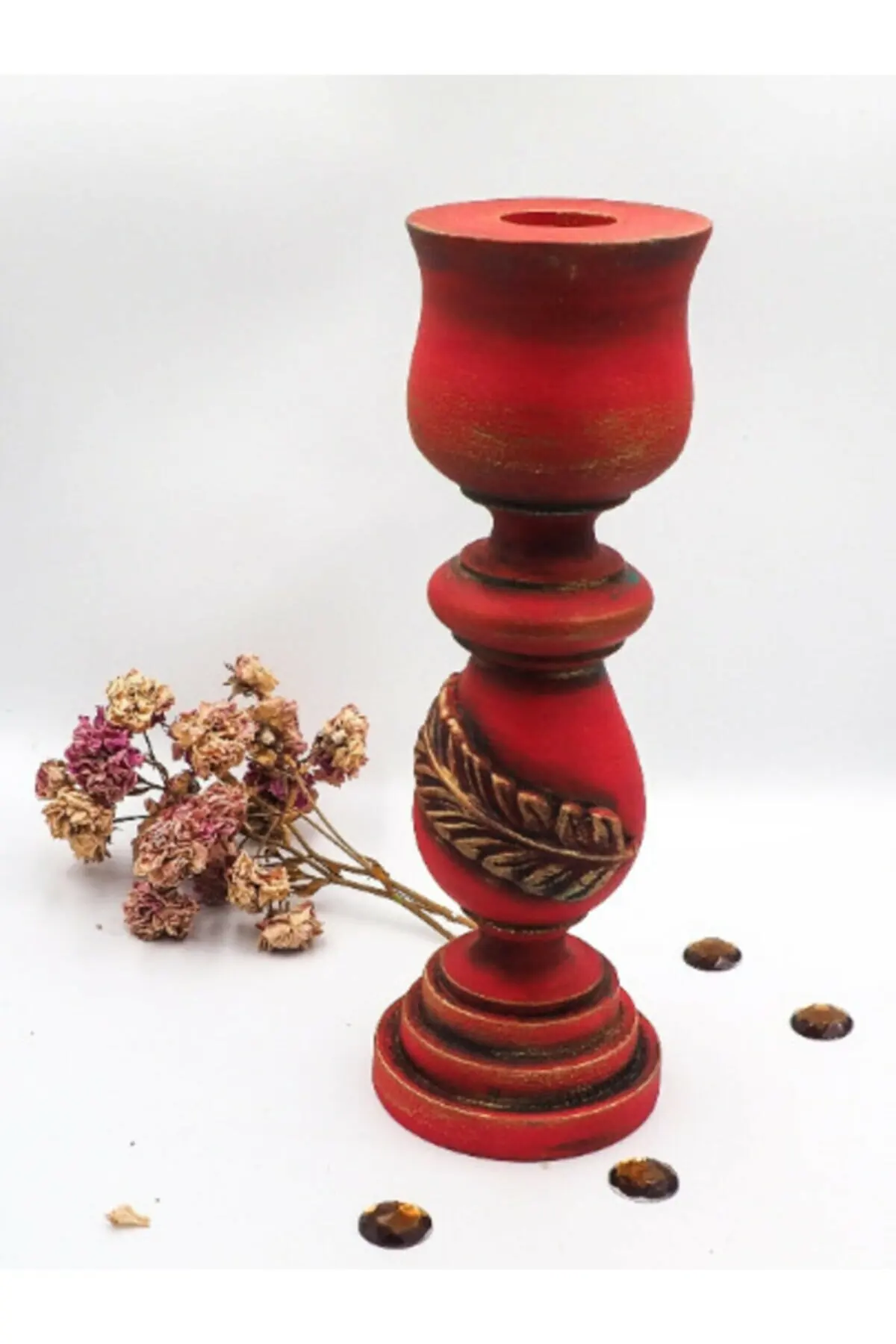 Moza Art Red Wooden Candlestick 2 pcs Flower pattern