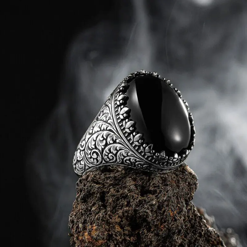 925K Black Onyx Handmade Masterwork Ring Authentic Sterling Silver Antique Turkish Master Hand Ring Men's Rustic Accesory ForMen