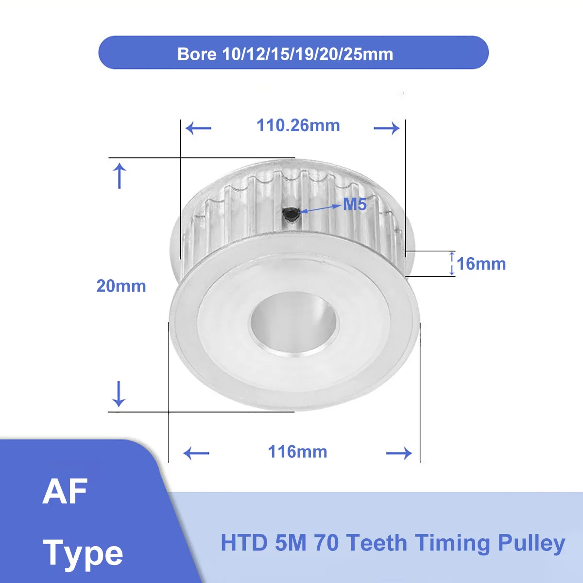 

HTD 5M 70 Teeth Timing Pulley Aluminium Synchronus Wheel Bore 10/12/15/19/20/25mm For Width 15mm HTD5M Timing Belt