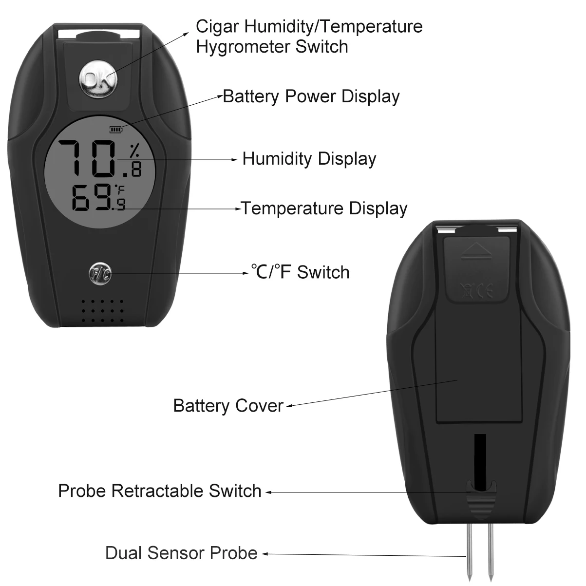 XIFEI Cigar Hygrometer With Dual Sensor Probe Humidor Moisture Meter LCD Display Professional Smoking Humidity Gauge