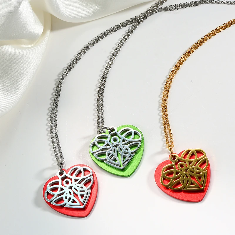 Trendy Stainless Steel Necklace for Women Colorful Heart Shaped  And Celtic Knot Two Pieces Rolo Chain18''+2'' 1.5mm For Gift