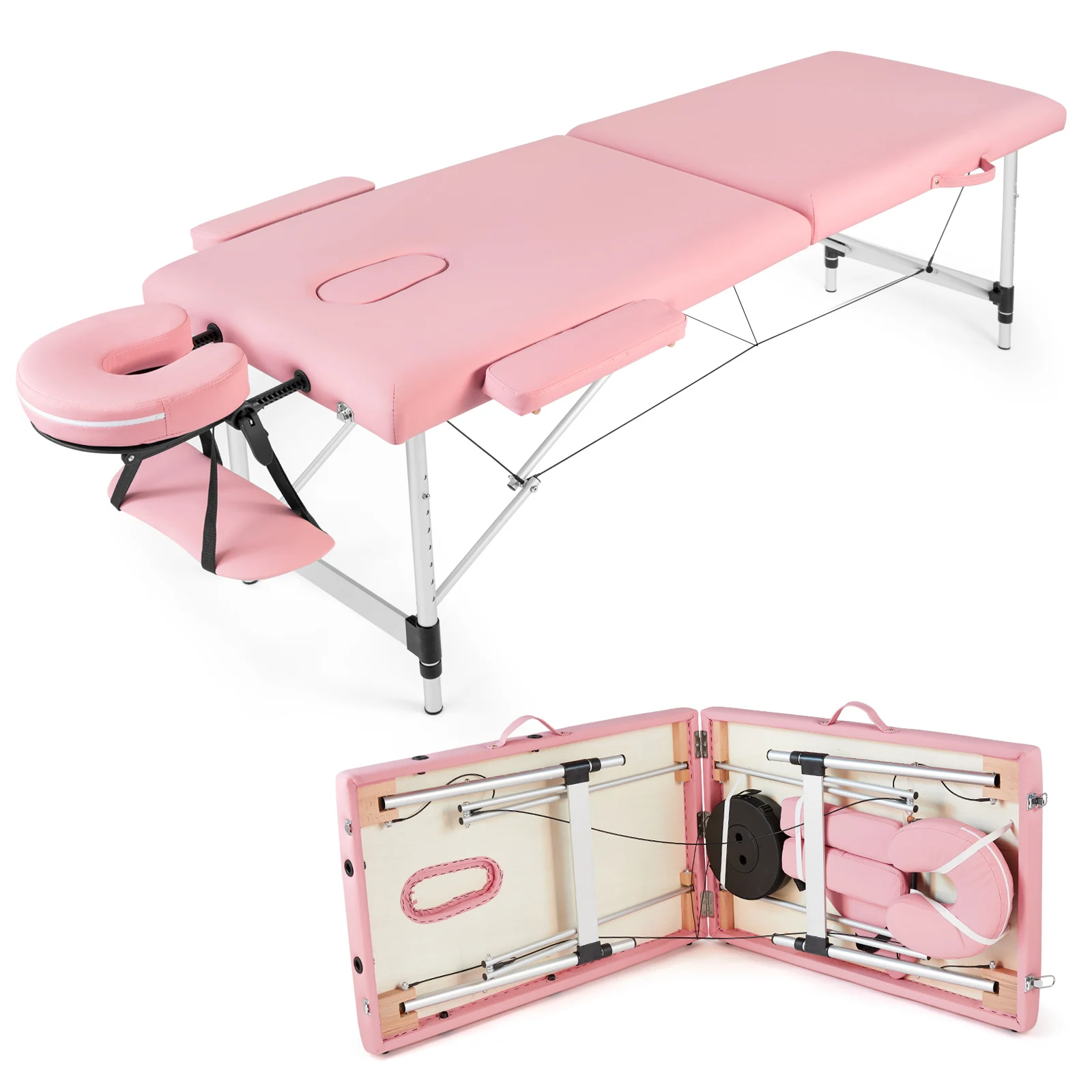 Beauty Massage Table Bed 2 Sections Folding Aluminium Alloy Leg 213x80x50-75CM Height Adjustable Versatile Portable Pink[US-W]