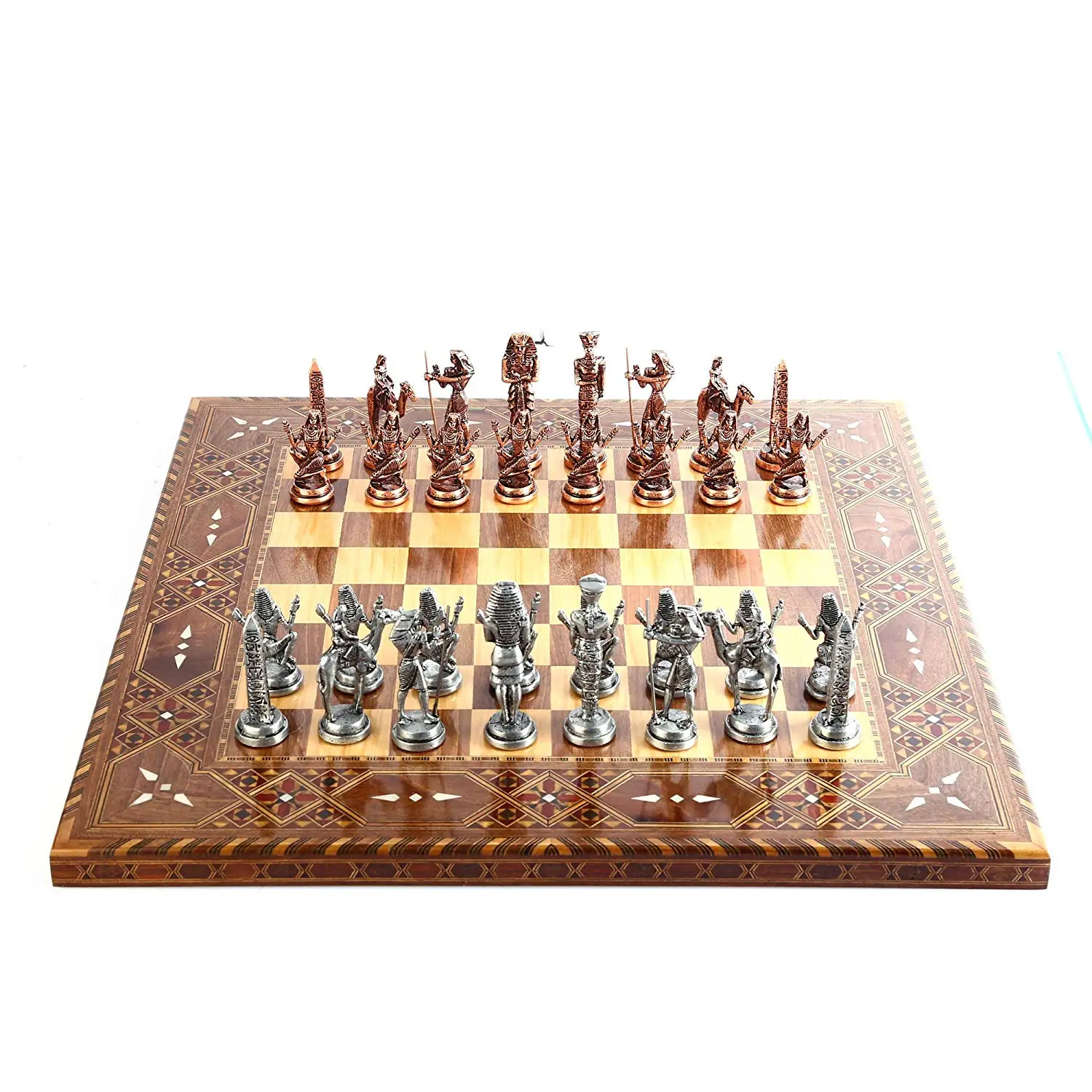 Egypt Pharaoh Antique Copper Figures Metal Chess Set,Handmade Pieces,Natural Solid Wooden Chess Board,Original Pearl,King 9cm