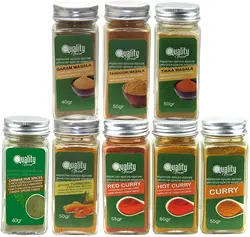 Pack de especias Masala. Ideal para regalo y uso diario. 8 Tarros de cristal, reutilizables. 5 especias chinas, Curry Dulce, Picante y Rojo, Garam Masala, Tikka Masala, Tandoori Masala