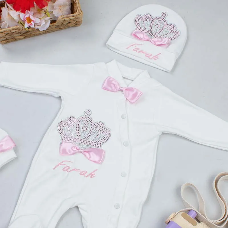 Pink Girl Baby Name Personalized Embroidered Newborn Rompers Suit Girls Boys Newborn 3pcs King Crowned Babies Overalls Clothes